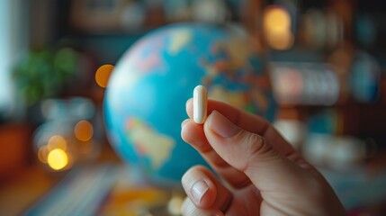 fingers holding a white pill in front of a globe