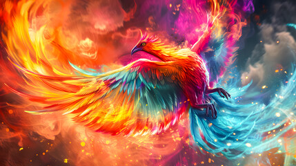 background of a rainbow phoenix bird flying in a sky full of clouds. 3D rendering. Rainbow Phoenix wallpaper	