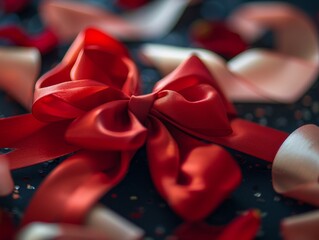 Red and pink satin bow with petals on a dark blue background.