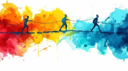 Three people walking on a rope bridge over a chasm. The background is a watercolor painting of a rainbow. - obrazy, fototapety, plakaty