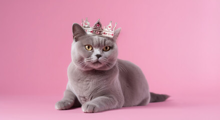 British blue cat wearing golden crown like a queen laying on pink solid background with copy space. Fashion beauty for pets. Royal pleasure.