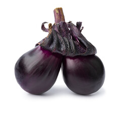 Deformed fresh purple twin eggplant isolated on white background close up