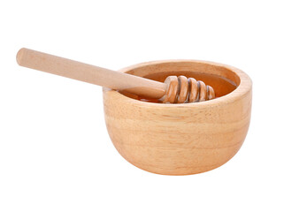 Honey in wooden bowl and honey Dipper on transparent png