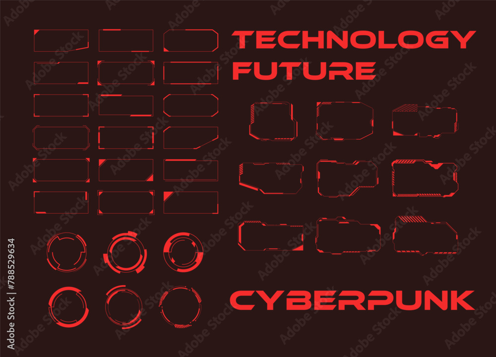 Fototapete set posters with red neon geometric cyberpunk element isolated on black background. cyber concept. t