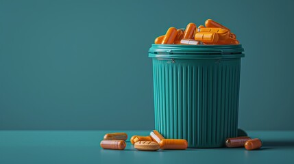 A trash can full of orange pills.