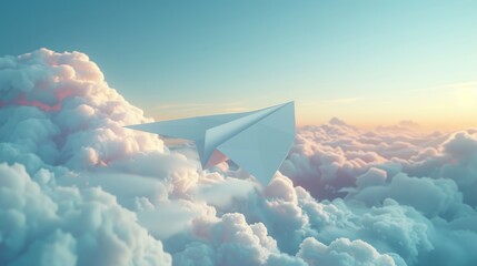 A paper plane flies through the clouds. - obrazy, fototapety, plakaty