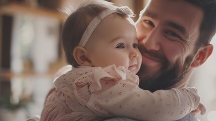 A smiling bearded man affectionately holding a baby girl with a headband