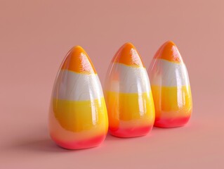 Three pieces of candy corn sit on a pink surface.