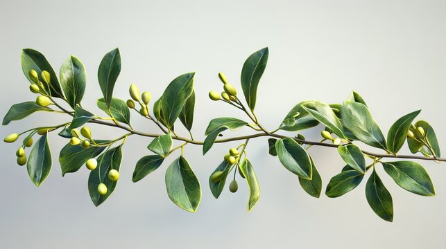 A branch of a plant with green leaves and yellow buds on a white background.