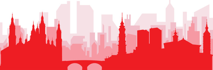 Fototapeta premium Red panoramic city skyline poster with reddish misty transparent background buildings of ZARAGOZA, SPAIN