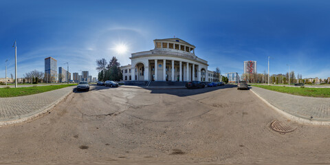 hdri panorama 360 near historical building with columns with parking among skyscrapers of residential quarter complex in full equirectangular seamless spherical projection - obrazy, fototapety, plakaty