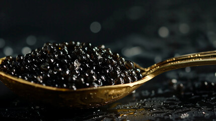 Metal spoon and close up black caviar - obrazy, fototapety, plakaty