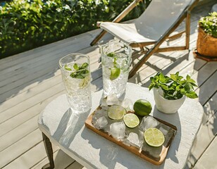 Bezalkoholowe mojito. Szklanki z orzeźwiającym napojem z limonką, miętą i kostkami lodu stojące na stole na tarasie