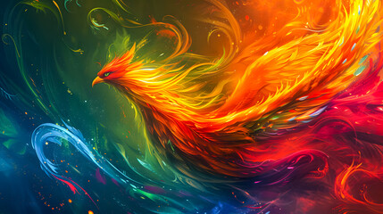 background of a rainbow phoenix bird flying in a sky full of clouds. 3D rendering. Rainbow Phoenix wallpaper	