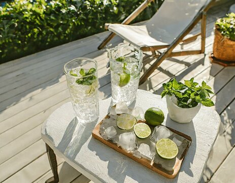 Bezalkoholowe mojito. Szklanki z orzeźwiającym napojem z limonką, miętą i kostkami lodu stojące na stole na tarasie