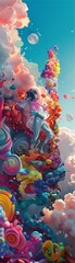 Bright wallpaper showcasing a loose illustration of freedom, with a cosplay figure and miniature world elements intertwined,  - obrazy, fototapety, plakaty