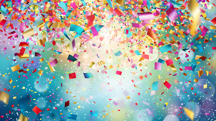 Colorful confetti falling on a blue background. The confetti is in the shape of circles, squares, and rectangles.
