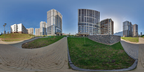 hdri panorama 360 near skyscraper multistory buildings of residential quarter complex in full equirectangular seamless spherical projection - obrazy, fototapety, plakaty