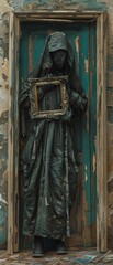 Fototapeta na wymiar Holding a picture frame, a figure at the entrance of an ancient realm, captures a moment of history and mystery, 