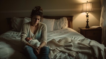 Fototapeta premium A woman is holding a baby in bed. She is crying and looking at the baby