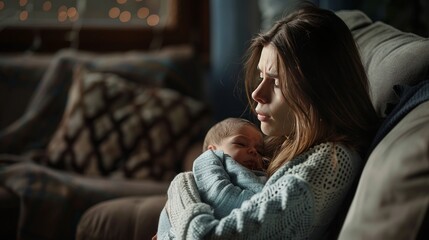 Obraz premium A woman is holding a baby in her arms. She looks sad and worried. The baby is sleeping peacefully