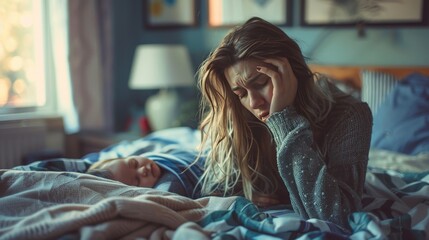Obraz premium A woman is laying on a bed with a baby sleeping next to her. She is looking at the camera with a sad expression on her face
