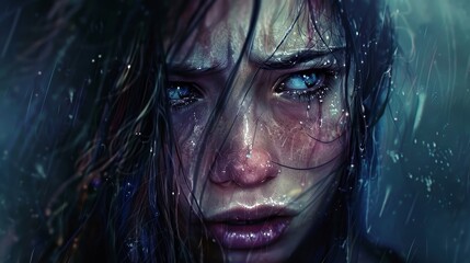 A woman with wet hair and a sad expression. Concept of sadness and despair