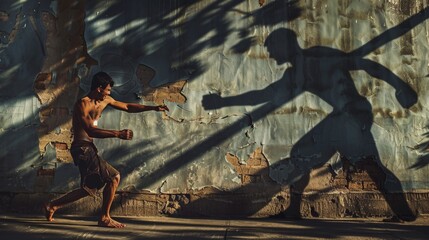 A man is punching a wall, and his shadow is cast on the wall. Concept of action and intensity, as the man is in the midst of a boxing match