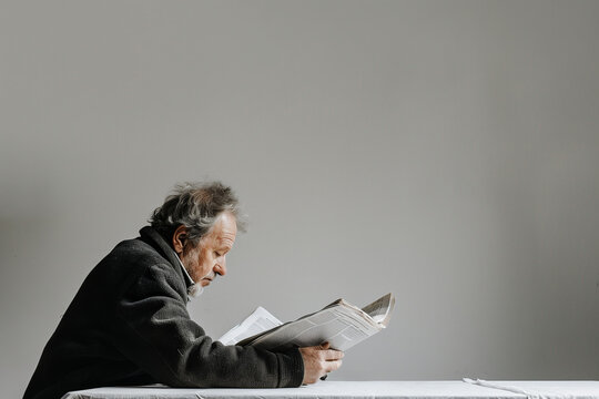 crisp close-up photograph capturing a man engrossed in reading a newspaper on a table, against a clean white background, portraying a moment of relaxation and contemplation.
