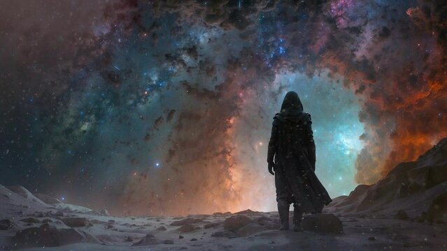 A man in front of a space portal defies the laws of time and space. Concept of time travel, space exploration, science fiction, futuristic adventure
