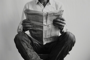 timeless ritual of reading a newspaper, with a close-up view of a man's engagement, against a simple white background that enhances the focus on the reading material. - obrazy, fototapety, plakaty