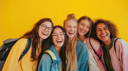 A group of 5 beautiful female students smiling happily. provided on a yellow background