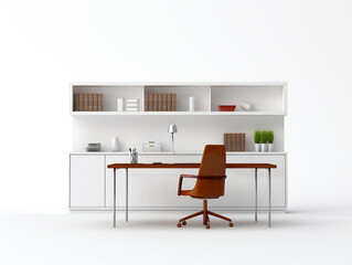 3d illustration of an office workstation complete with desk and chair and other facilities. Isolated on white background.
