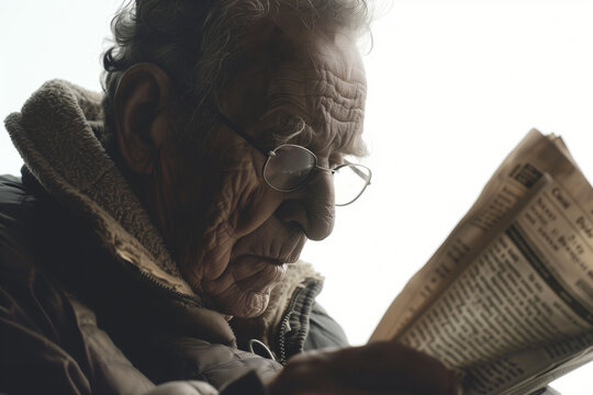 tranquility of a man reading a newspaper, with a close-up shot against a white background, inviting viewers to appreciate the peacefulness and intellectual stimulation of the readi