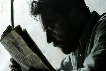 close-up photograph of a man absorbed in the pages of a newspaper, set on a table with a white background, emphasizing the solitude and introspection of the reading moment. - obrazy, fototapety, plakaty
