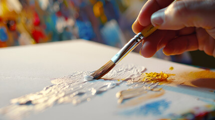 Detailed photo, ultra-realistic photo. An artist's hand with a brush makes a stroke of oil paint on...