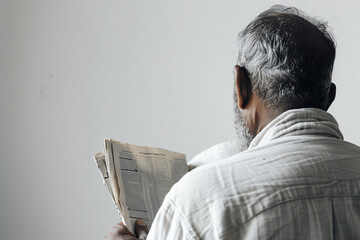 quiet contemplation of a man reading a newspaper, with a close-up view against a white background, emphasizing the personal and immersive nature of the reading experience.