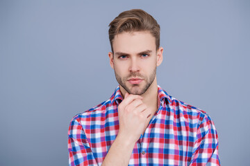 Male beauty and hairstyle. Millennial guy wearing casual. Handsome young man. Portrait of man in casual shirt keeping arms crossed isolated on grey. Unshaven man skincare. Giving you a sensual stare - 788533866