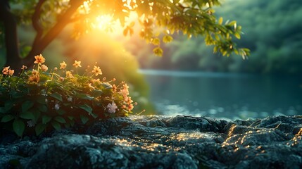 Whimsical Floral Sunset Landscape with Water and Rocks
