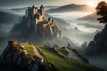 a picturesque castle scene in a misty valley, where ancient stones tell tales of history.