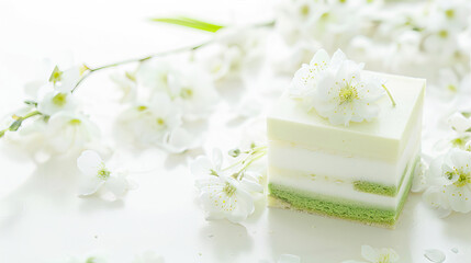 Fototapeta na wymiar Cake and flowers on a white surface 