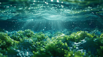 Surface of the water a 3D spectacle unfolds as green energy molecules activate sparking a revolution in how humanity powers its future. Generative ai. - obrazy, fototapety, plakaty