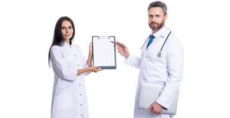prescriber with nurse. prescription. medicine and healthcare. doctor at hospital. doctor hold medical prescription. doctor internist with clipboard isolated on white. Clipboard for documentation