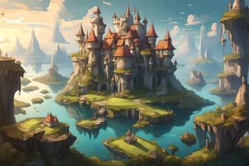 a surreal castle in a field of floating islands, where each island holds a unique enchantment.