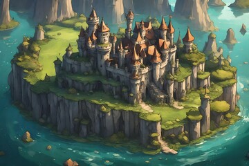 a surreal castle in a field of floating islands, where each island holds a unique enchantment.