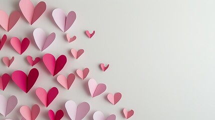 Pink and red paper hearts on a white background. The hearts are arranged in a diagonal line from the bottom left corner to the top right corner.