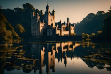 the serenity of a lakeside castle, with reflections shimmering in the water at dawn.