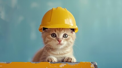 Labor Day concept A beige cat rocking a safety helmet - obrazy, fototapety, plakaty