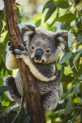 Inquisitive Koala in its Natural Eucalyptus Habitat: A Close-up Study of Wildlife
