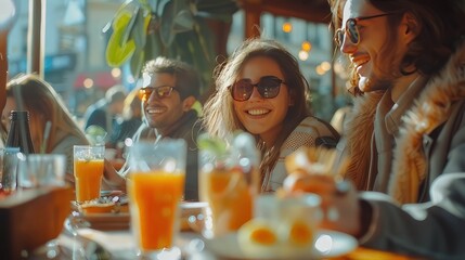 Happy friends having breakfast together at cafe bar - Group of young people drinking coffee and fresh juice sitting at brunch restaurant 
